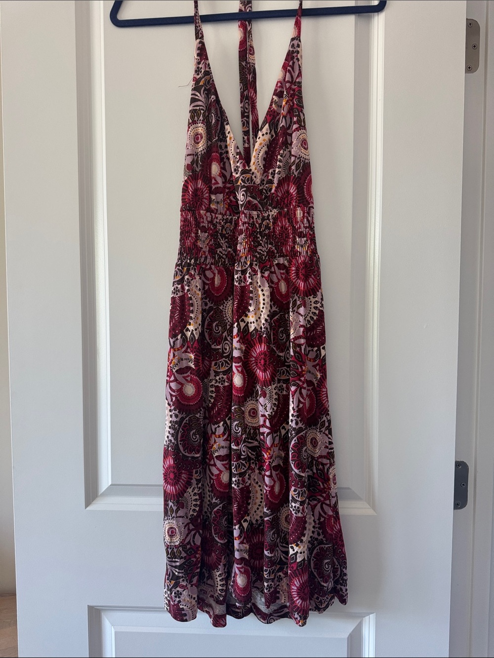 Boho V-Neck Maxi Dress in Burgundy and Cream